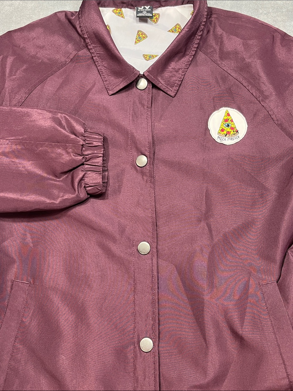 JV by Jac Vanek Pizza Forever Coach Jacket Purple Snap Front Size Med